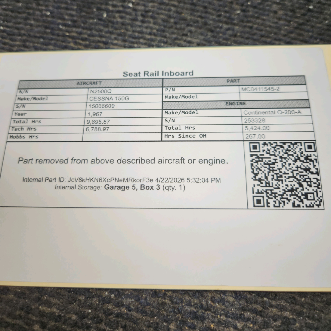 Used aircraft parts for sale, MC0411545-2 cessna 150G Inboard Seat Rail