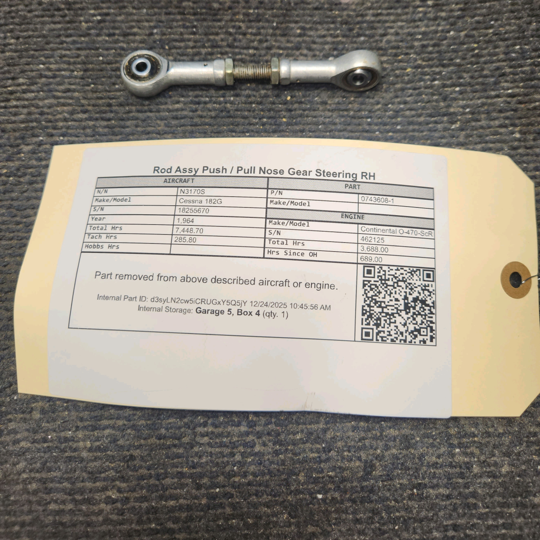 Used aircraft parts for sale, 0743608-1 Cessna 182G Push/Pull Rod Assembly Nose Gear Steering RH
