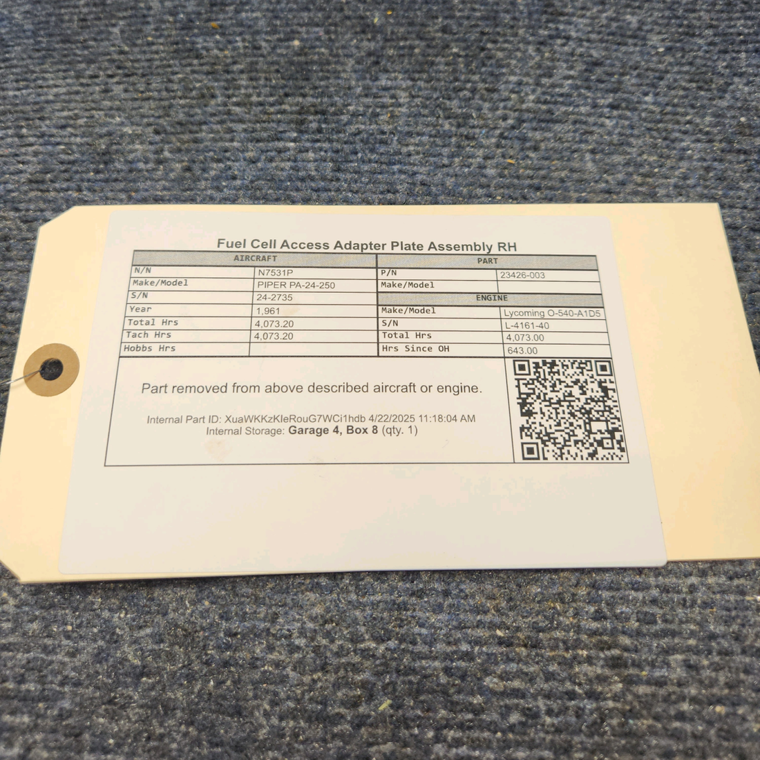 Used aircraft parts for sale, 23426-003 PIPER PA-24-250 Fuel Cell Access Plate Assembly RH