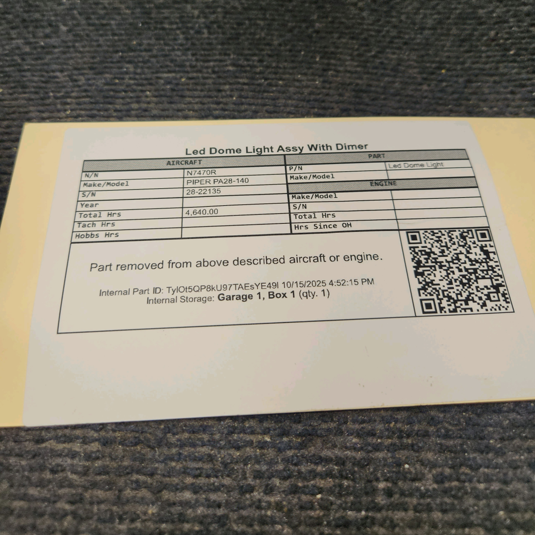 Used aircraft parts for sale, Led Dome Light PIPER PA28-140 Led Dome Light Assy With Dimer