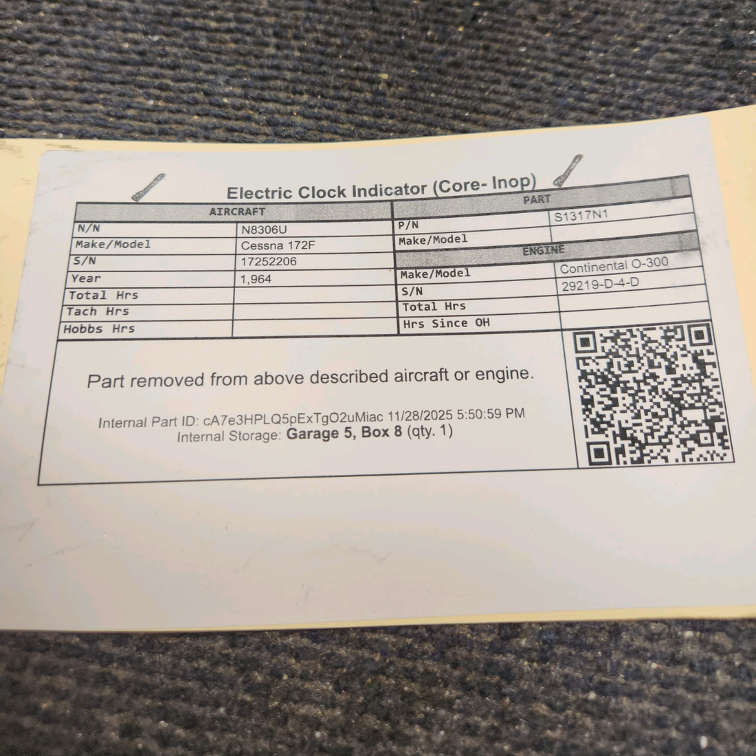 Used aircraft parts for sale, S1317N1 Cessna 172F Electric Clock Indicator (Core- Inop)