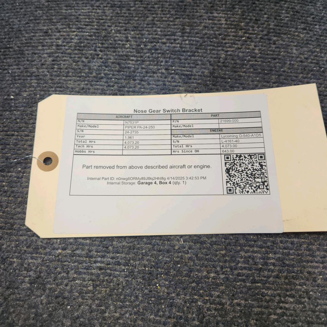 Used aircraft parts for sale, 21699-000 PIPER PA-24-250 Nose Gear Switch Bracket