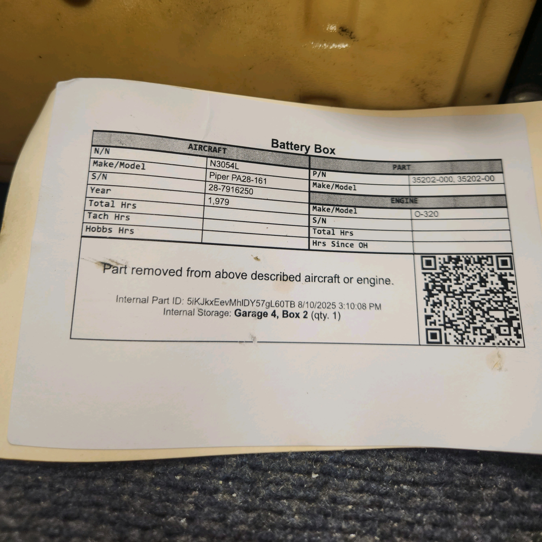 Used aircraft parts for sale, 35202-000 Piper PA28-161 Battery Box