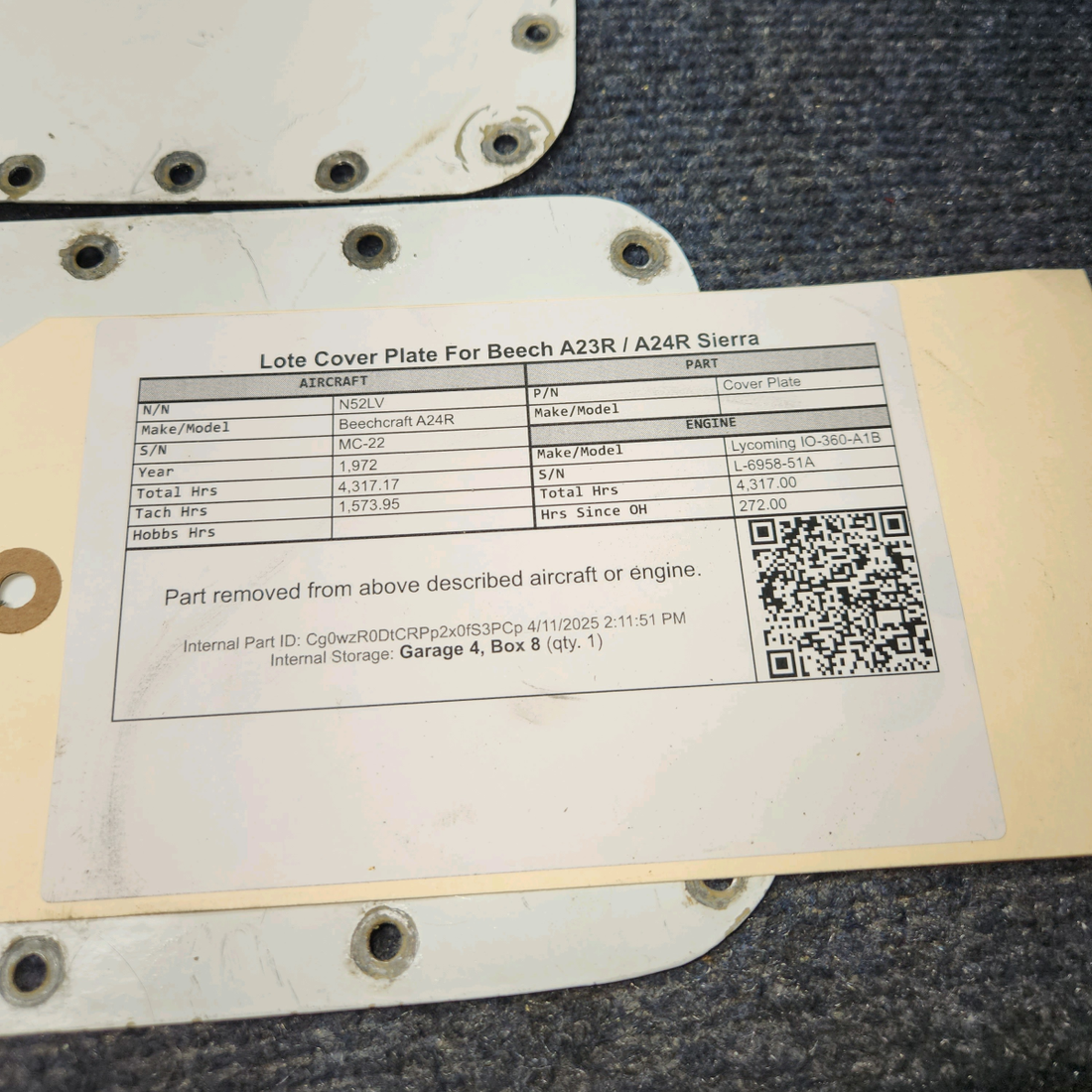 Used aircraft parts for sale, Cover Plate Piper Beech A23R / A24R Sierra Beechcraft A24R Lot Cover Plate
