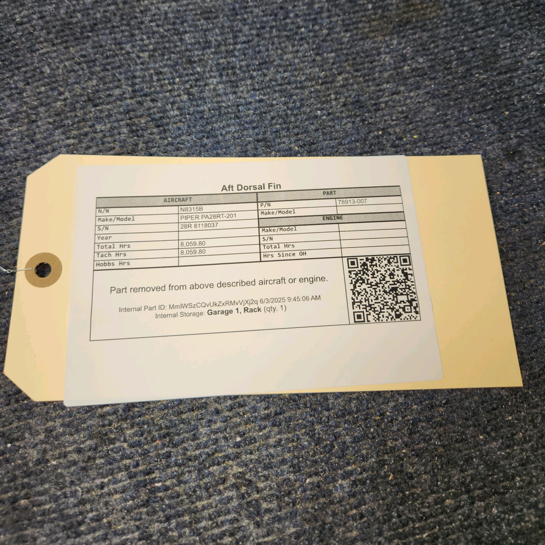 Used aircraft parts for sale, 78913-007 PIPER PA28RT-201 Aft Dorsal Fin