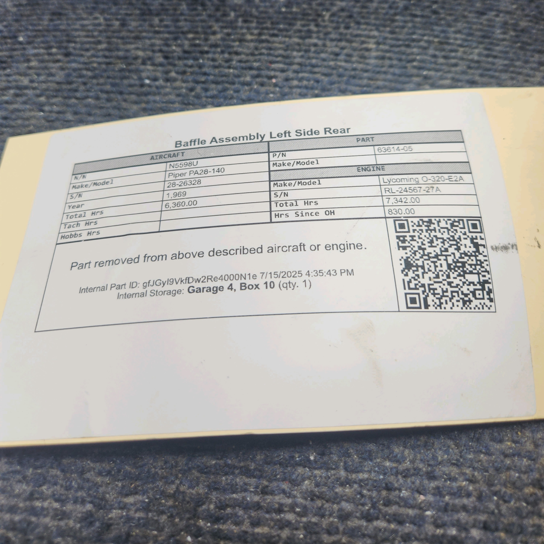 Used aircraft parts for sale, 63614-05 Lycoming O-320 Piper PA28-140 Baffle Assembly Left Side Rear