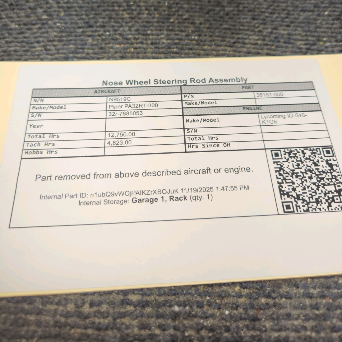 Used aircraft parts for sale, 38151-000 Piper PA32RT-300 Nose Wheel Steering Rod Assembly