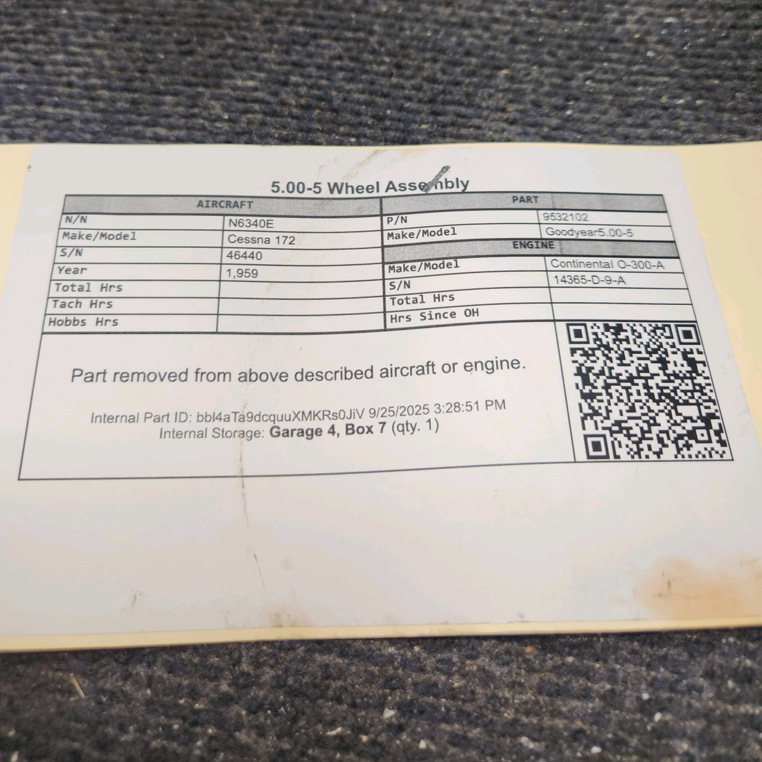 Used aircraft parts for sale, 9532102 Goodyear 5.00-5 Cessna 172 5.00-5 Wheel Assembly