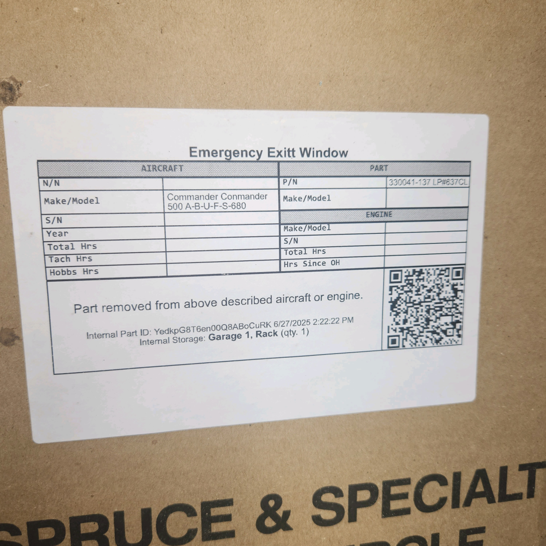 Used aircraft parts for sale, 330041-137 LP Aeroplastic LP#637CL Commander Conmander 500 A-B-U-F-S-680 Emergency Exit Window