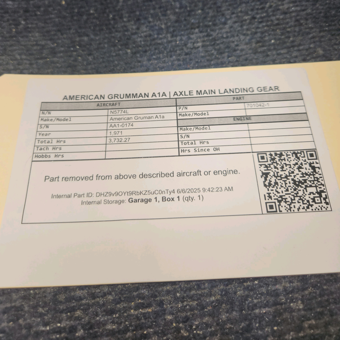 Used aircraft parts for sale, 701042-1 American Gruman A1A AXLE MAIN LANDING GEAR