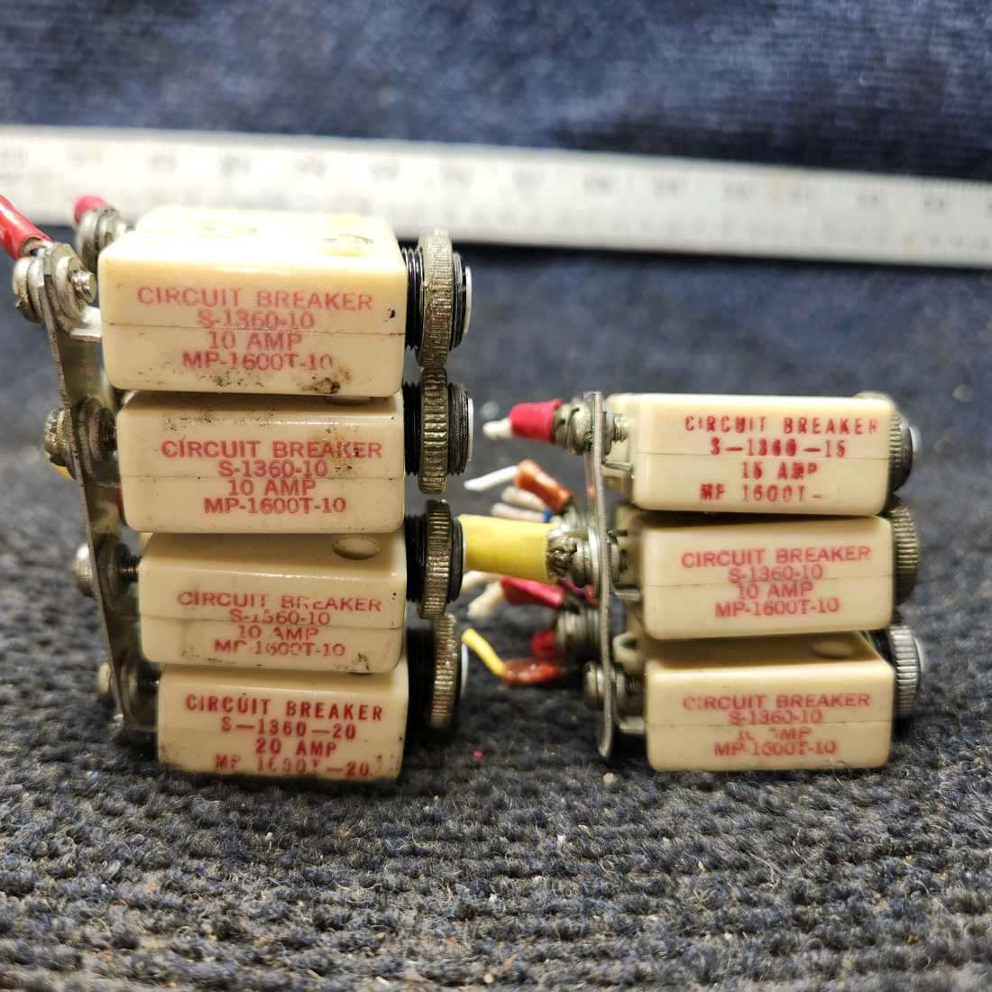 Used aircraft parts for sale, S-1360-10, S-1360-15, S-1360-20 Wood Electric Cessna 182G Circuit Breaker x7