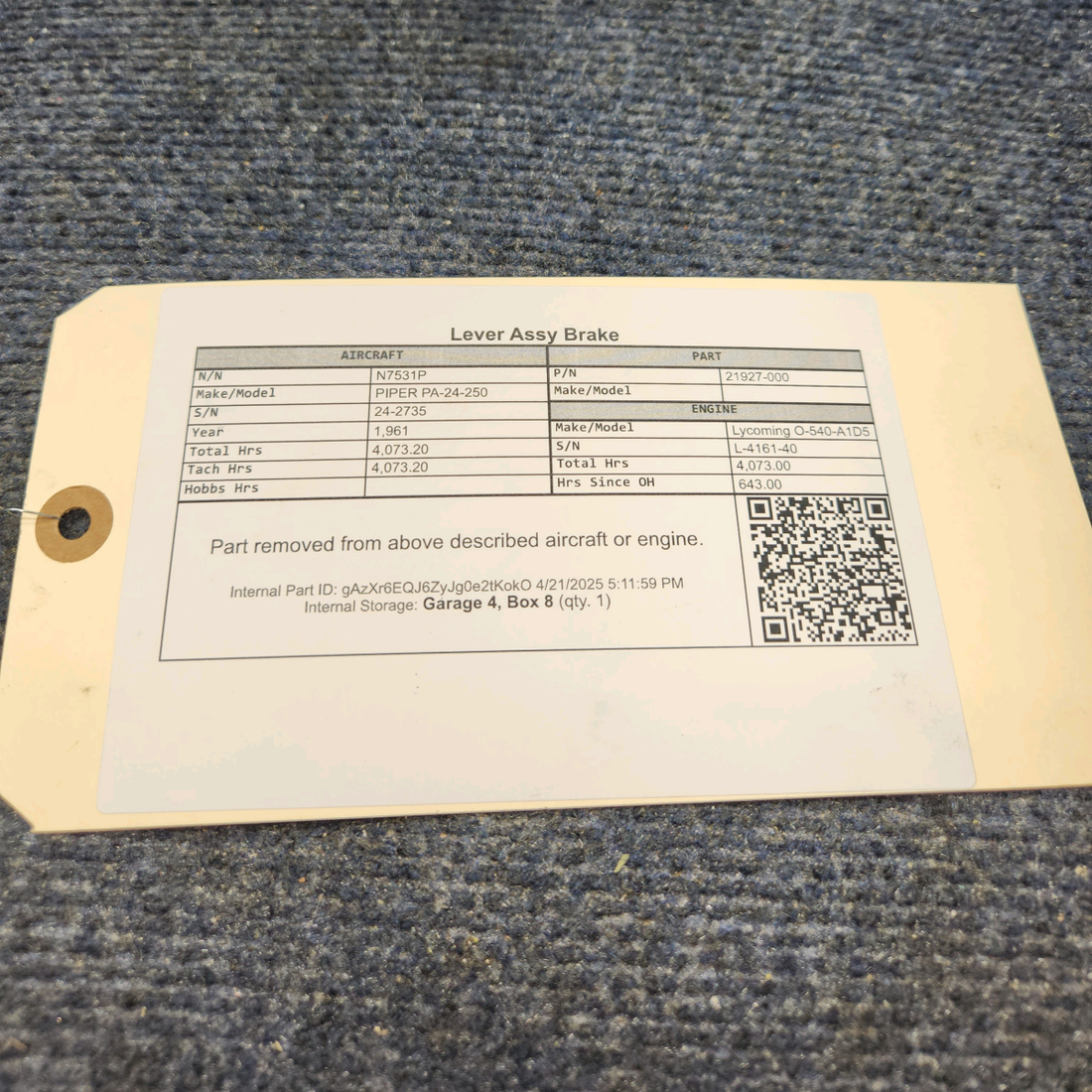 Used aircraft parts for sale, 21927-000 PIPER PA-24-250 Lever Assy Brake