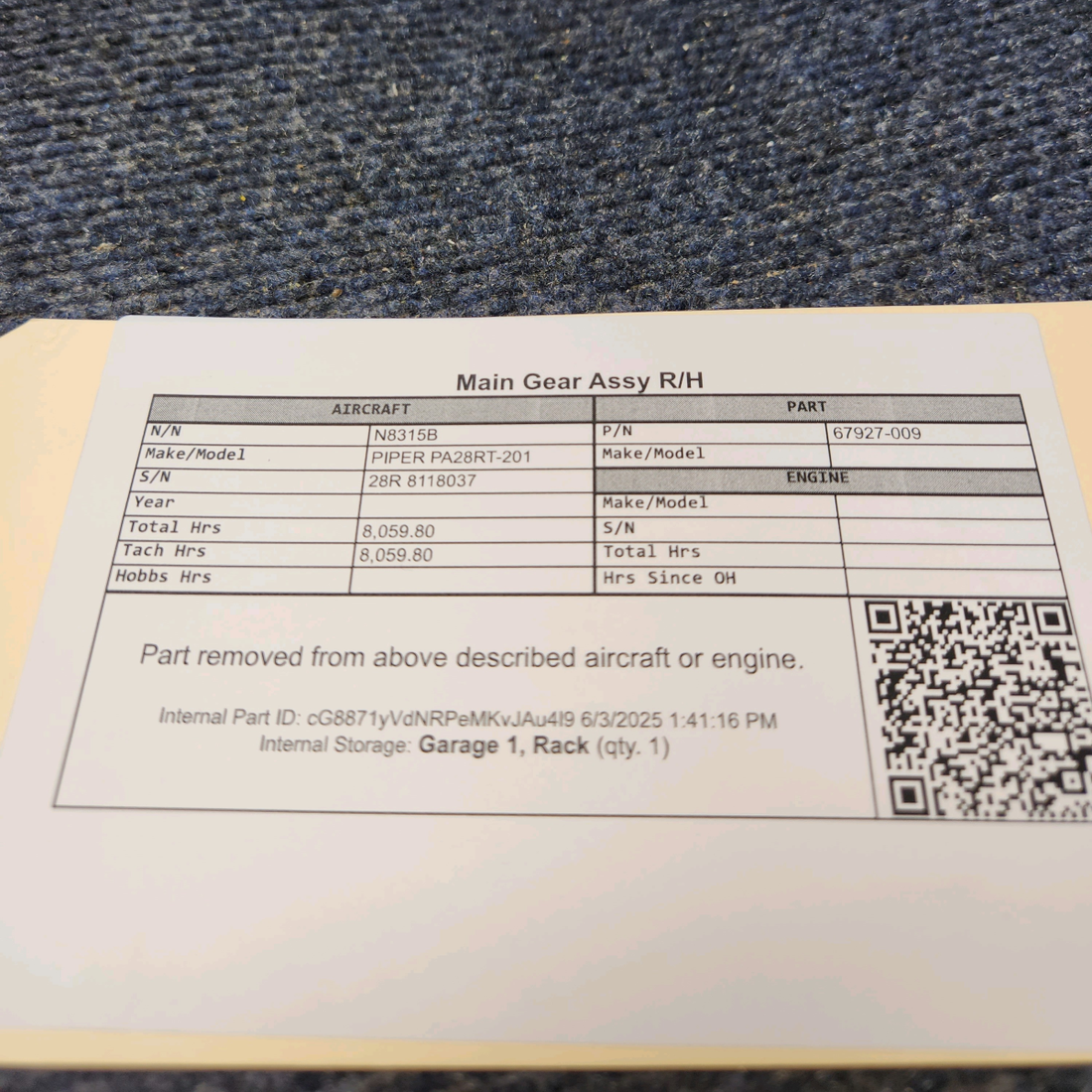 Used aircraft parts for sale, 67927-009 PIPER PA28RT-201 Main Gear Assy RH