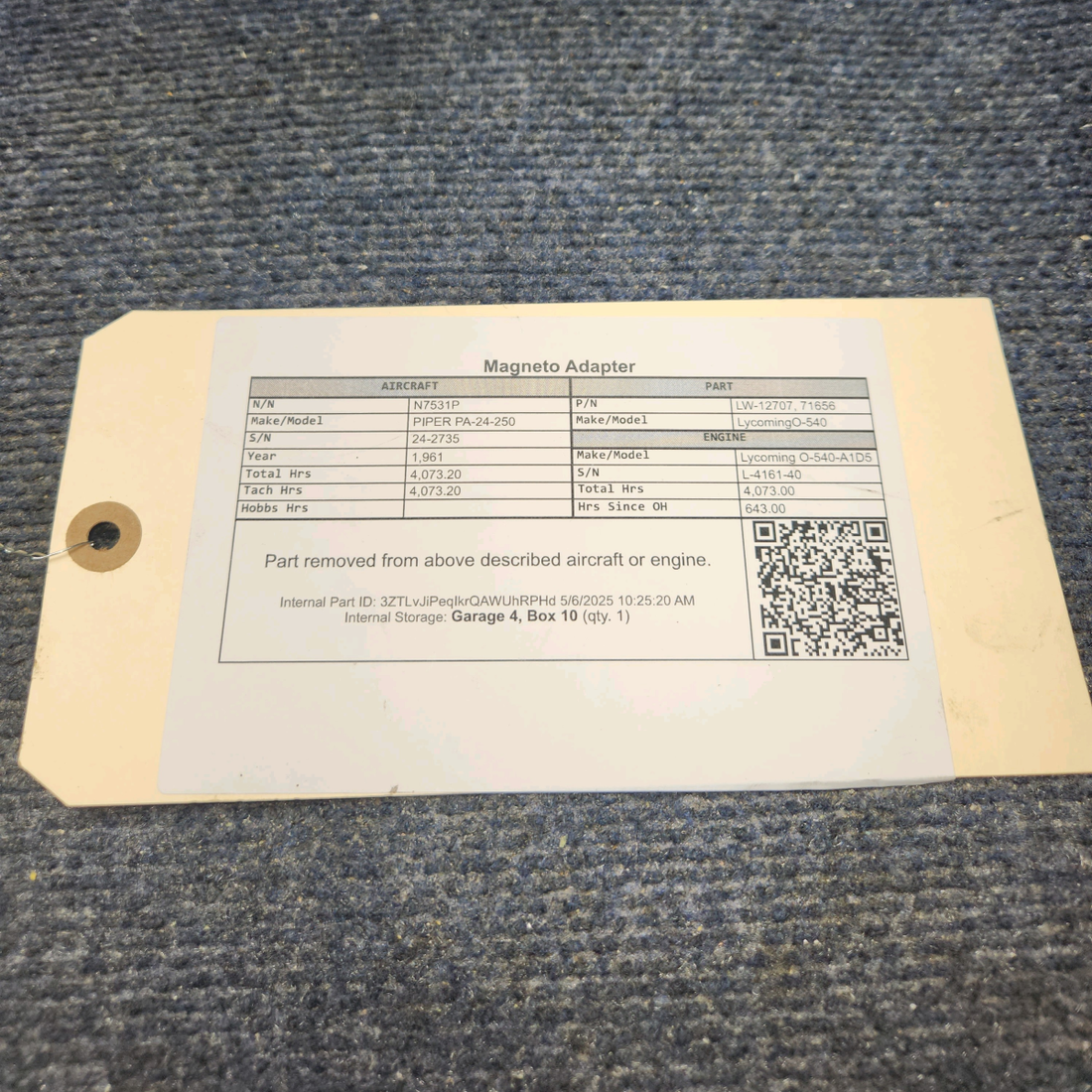 Used aircraft parts for sale, LW-12707 Lycoming O-540 PIPER PA-24-250 Magneto Adapter