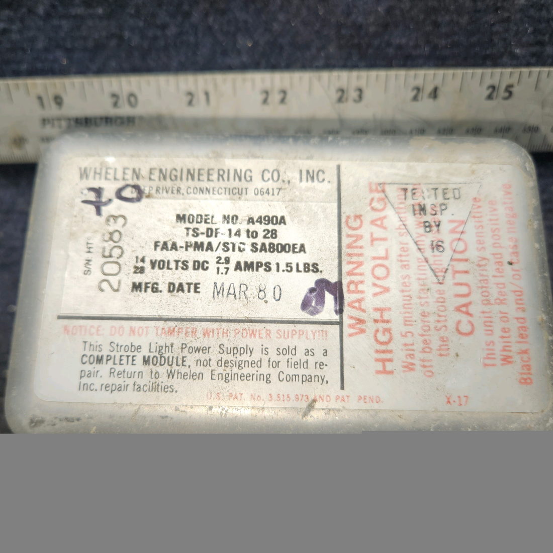 Used aircraft parts for sale, A490A, TS-DF-14 to 28 Whelen A490A Strobe Light Power Supply (14-28V)