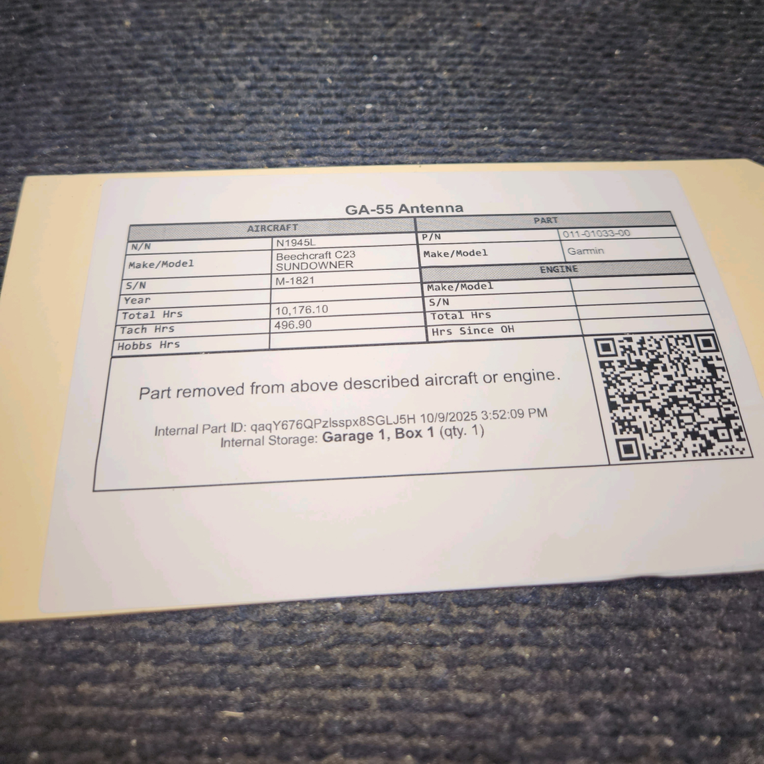 Used aircraft parts for sale, 011-01033-00 Garmin GA-55 Beechcraft C23 SUNDOWNER Communications Antenna