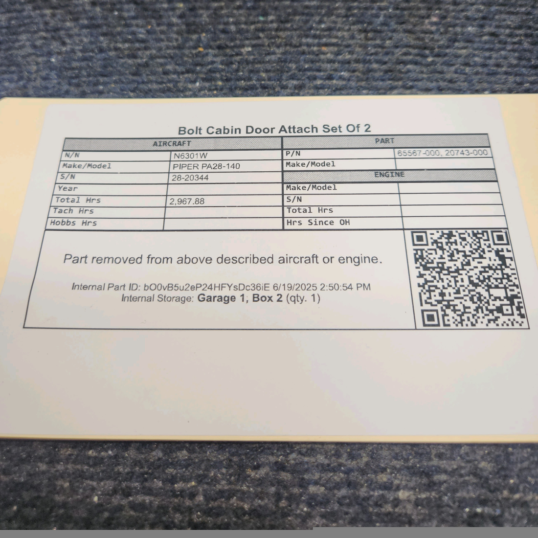 Used aircraft parts for sale, 65567-000 PIPER PA28-140 Bolt Cabin Door Attach - Set of 2
