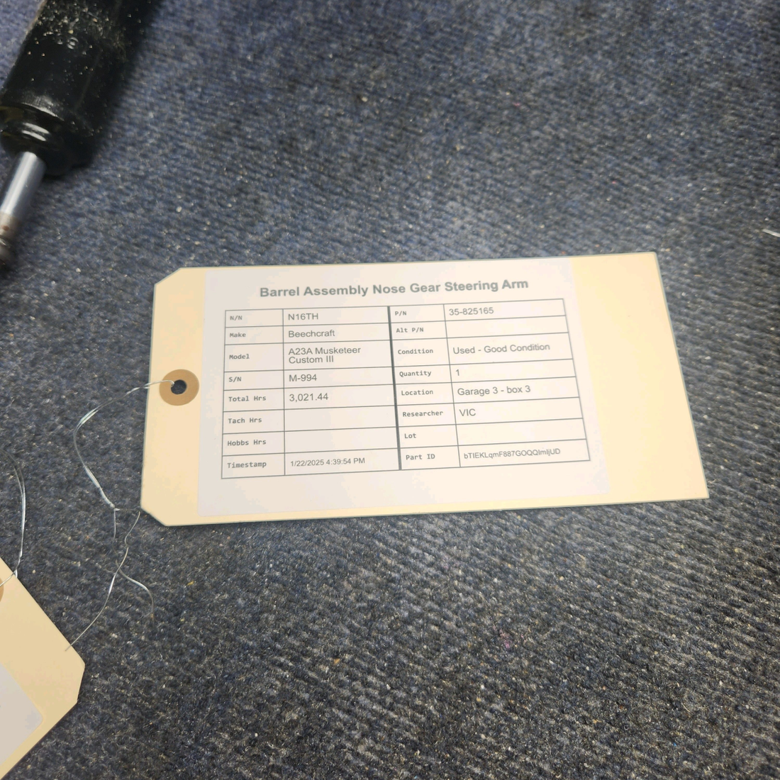 Used aircraft parts for sale, 35-825165 Beechcraft A23A Musketeer Custom III BARREL ASSEMBLY NOSE GEAR STEERING ARM