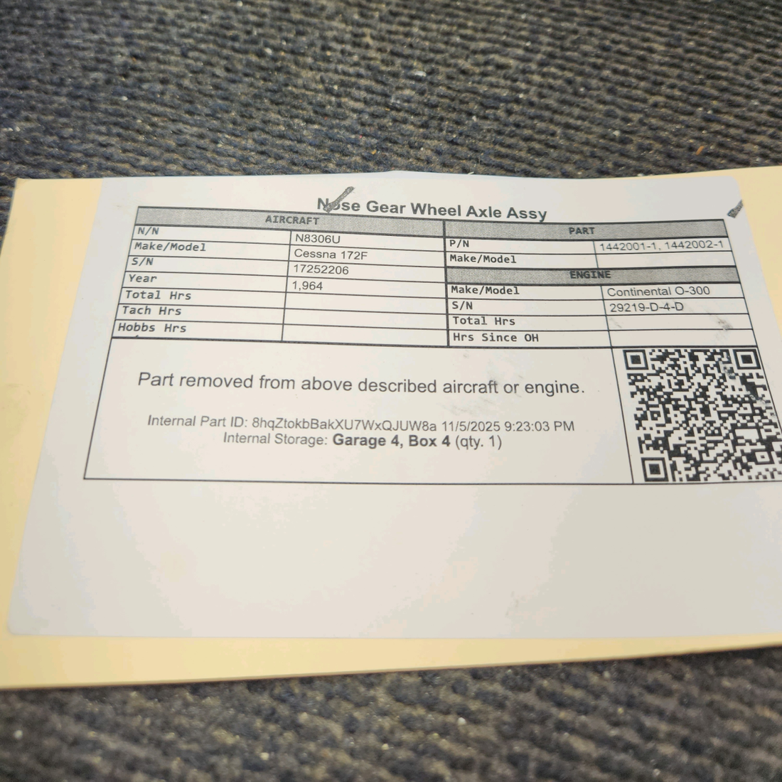 Used aircraft parts for sale, 1442001-1, 1442002-1 Cessna 172F Nose Gear Wheel Axle Assy