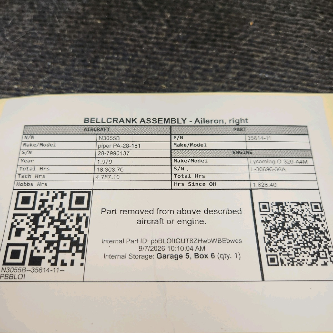 Used aircraft parts for sale, 35614-011 piper PA-28-181 Aileron Bellcrank Assembly - RH