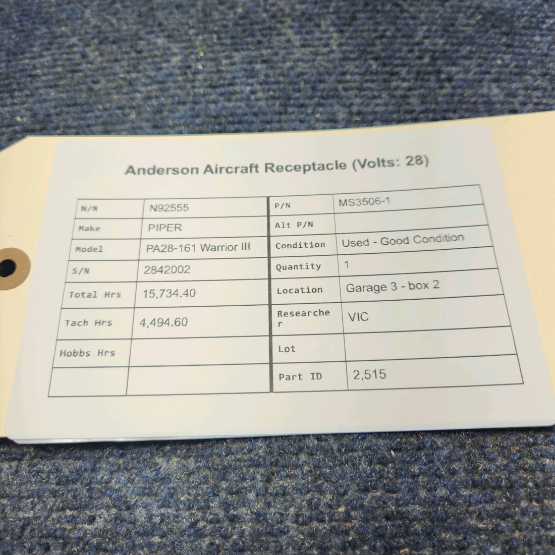 Used aircraft parts for sale, MS3506-1 PIPER PA28-161 Warrior III ANDERSON AIRCRAFT RECEPTACLE 28V