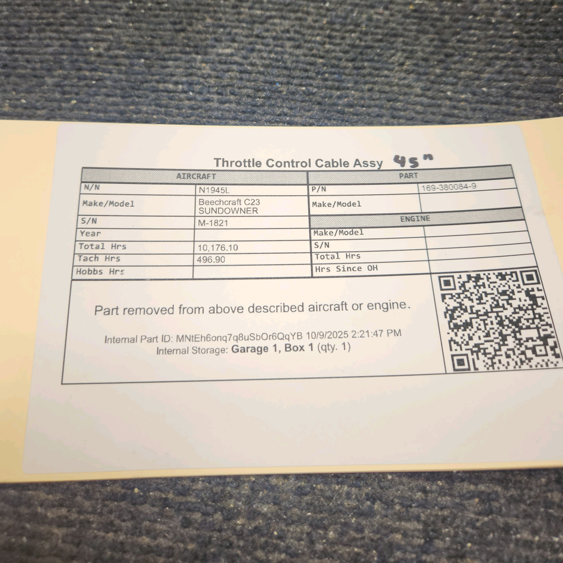 Used aircraft parts for sale, 169-380084-9 Beechcraft C23 SUNDOWNER Throttle Control Cable Assy 45"