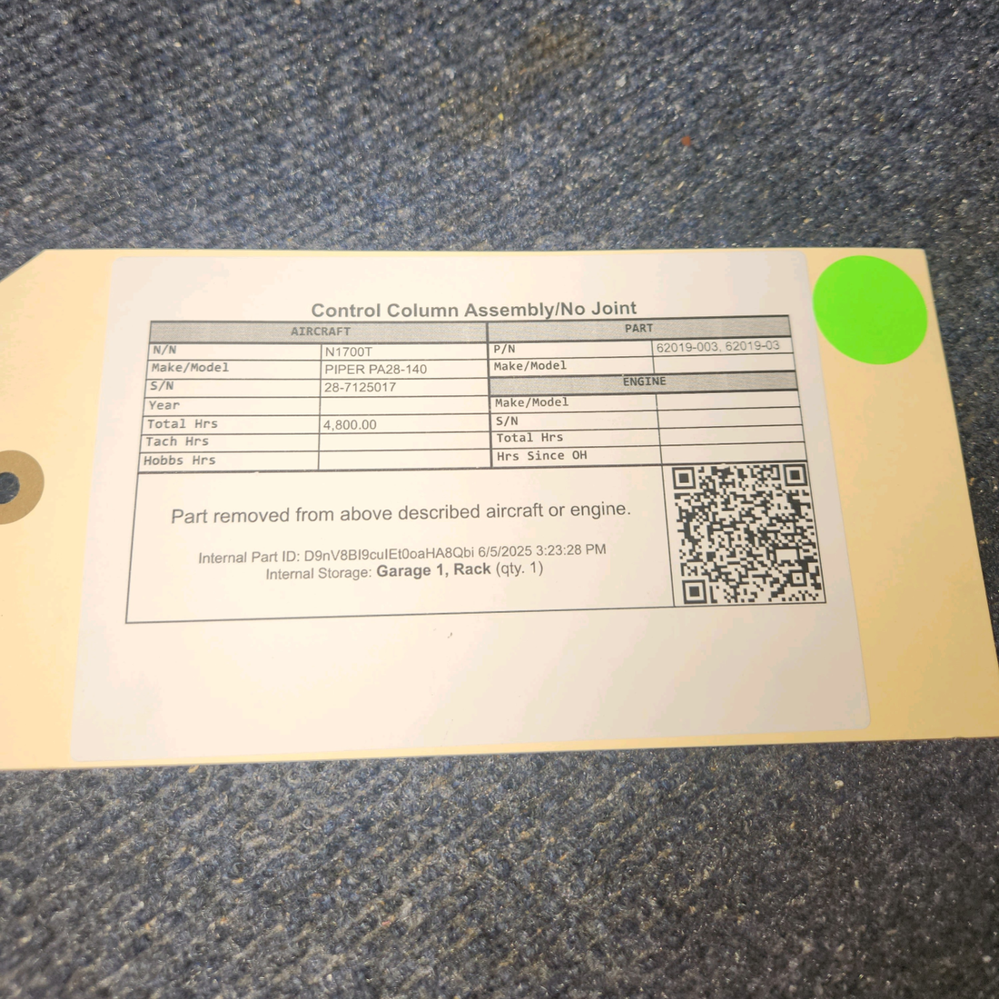 Used aircraft parts for sale, 62019-003 PIPER PA28-140 Control Column Assembly/No Joint