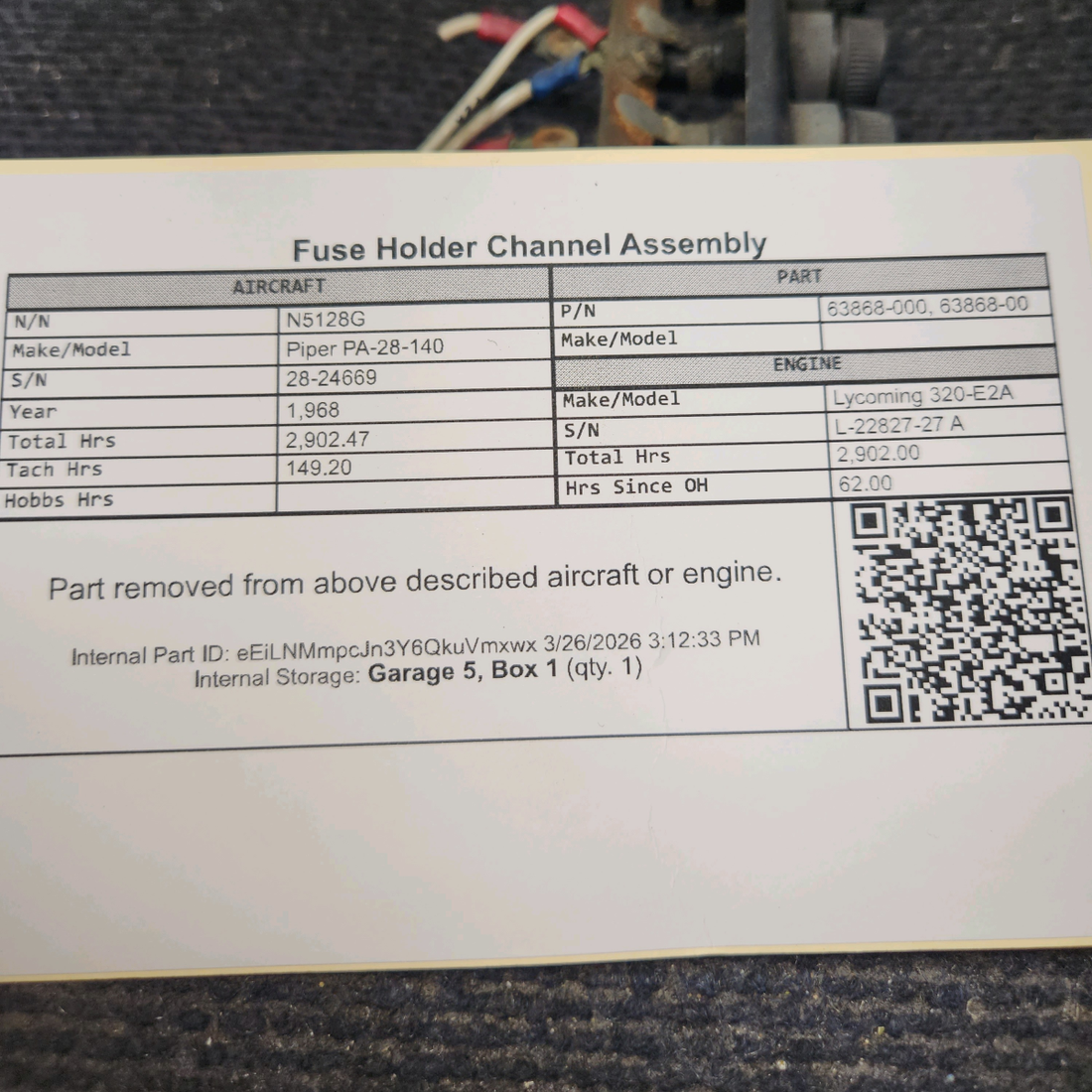 Used aircraft parts for sale, 63868-000 Piper PA-28-140 Fuse Holder Channel Assembly