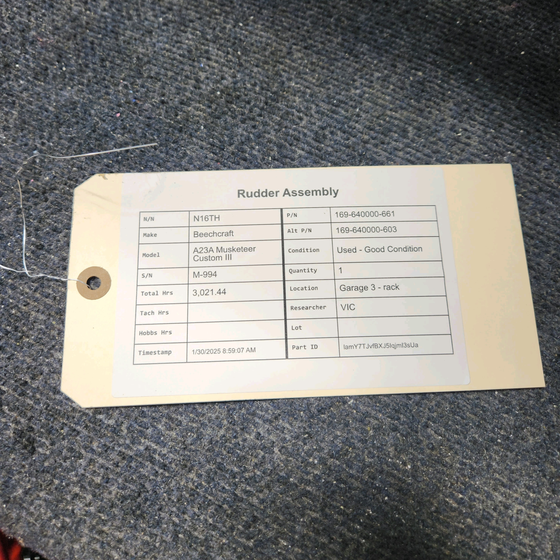 Used aircraft parts for sale, 169-640000-661 Beechcraft A23A Musketeer Custom III RUDDER ASSEMBLY