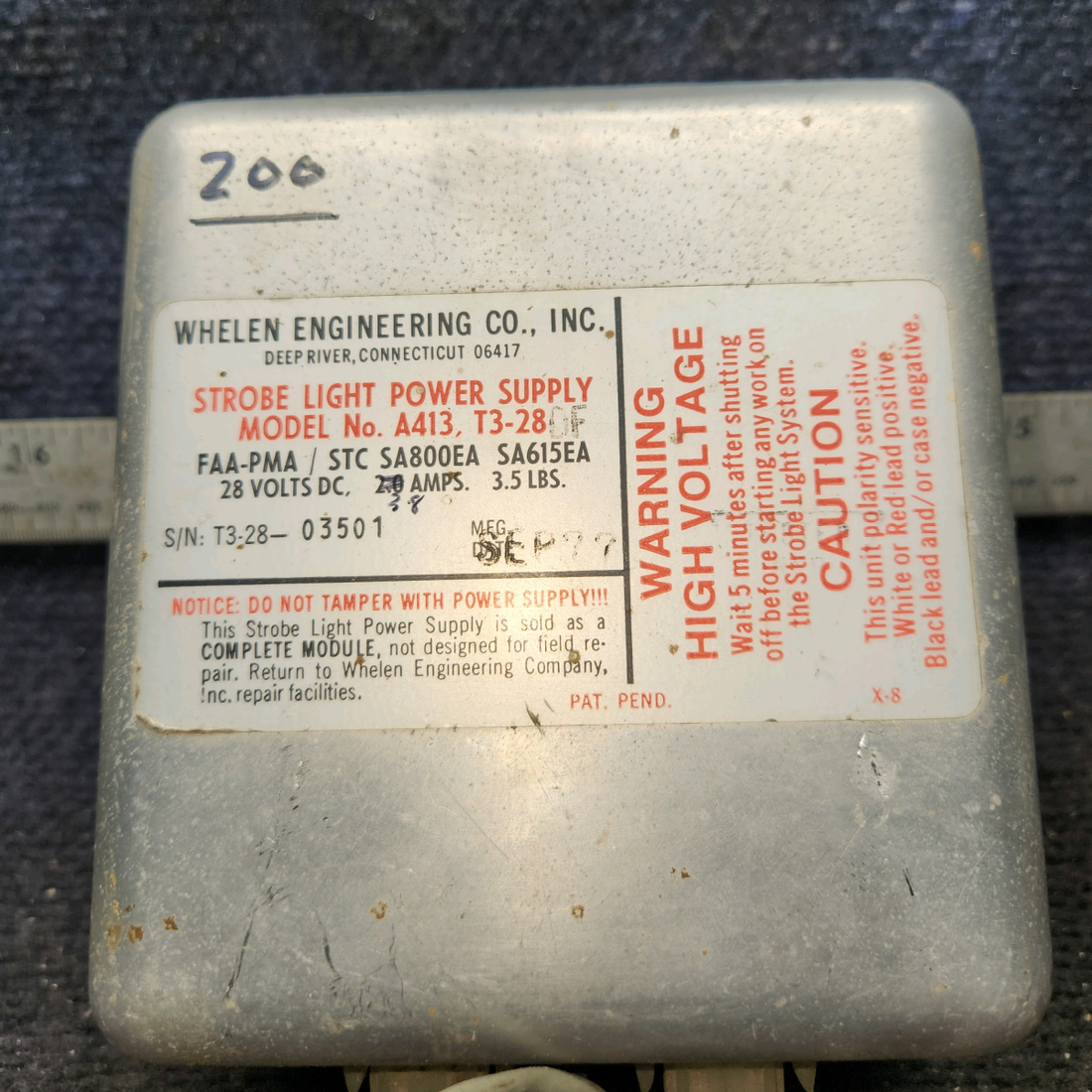 Used aircraft parts for sale, A413T2-14DF Whelen A413, T3-28 Strobe Light Power Supply 28V