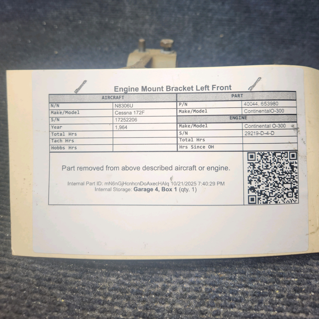 Used aircraft parts for sale, 40044 Continental O-300-D Cessna 172F Engine Mount Bracket  Left Front