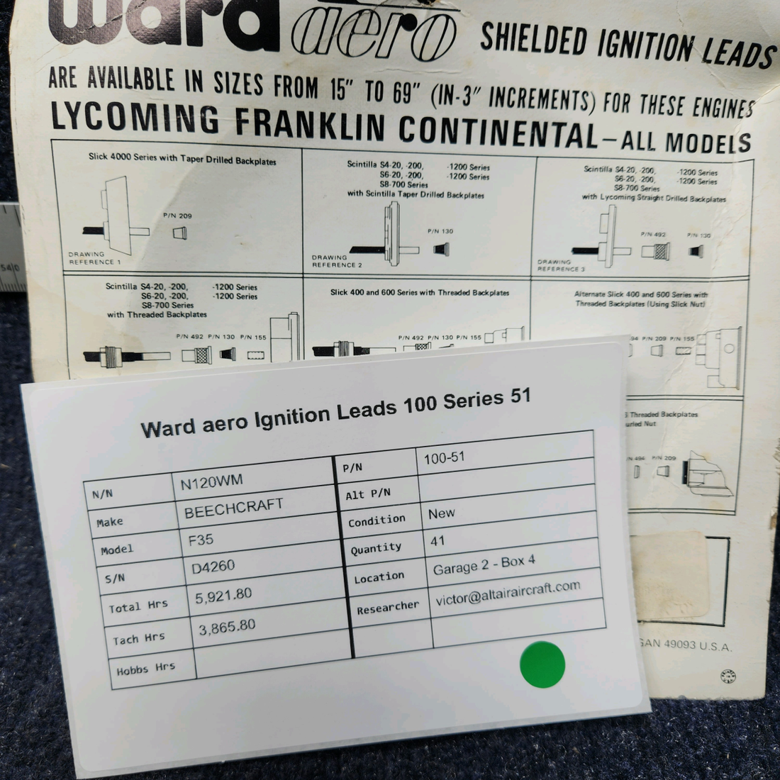 Used aircraft parts for sale, 100-51 BEECHCRAFT F35 WARD AERO IGNITION LEADS 100 SERIES 51