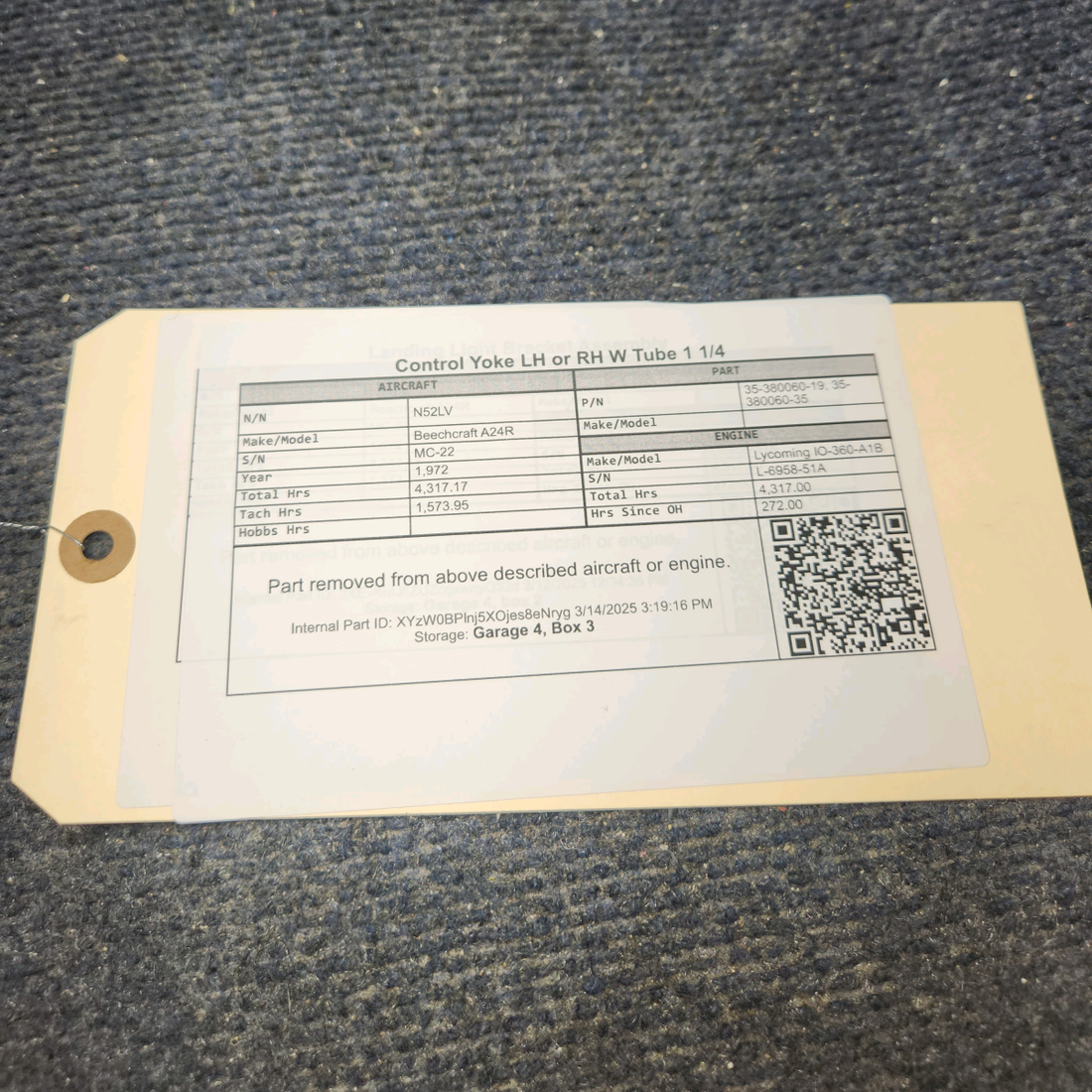 Used aircraft parts for sale, 35-380060-19 Beechcraft A24R Control Yoke LH or RH W/ Tube 1 1/4