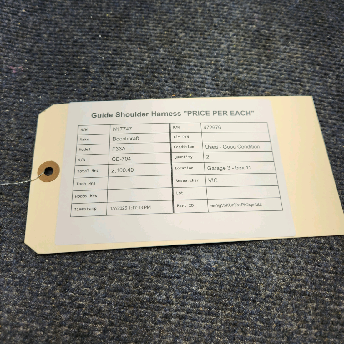 Used aircraft parts for sale, 472676 Beechcraft F33A GUIDE SHOULDER HARNESS "PRICE PER EACH"