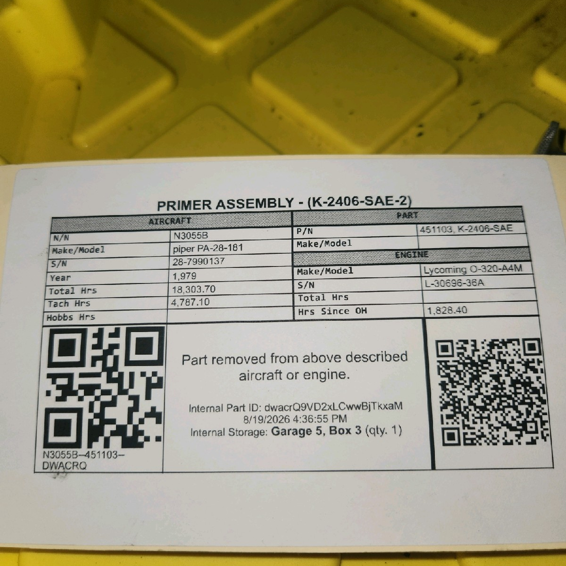Used aircraft parts for sale, 451-103 piper PA-28-181 Primer Assembly