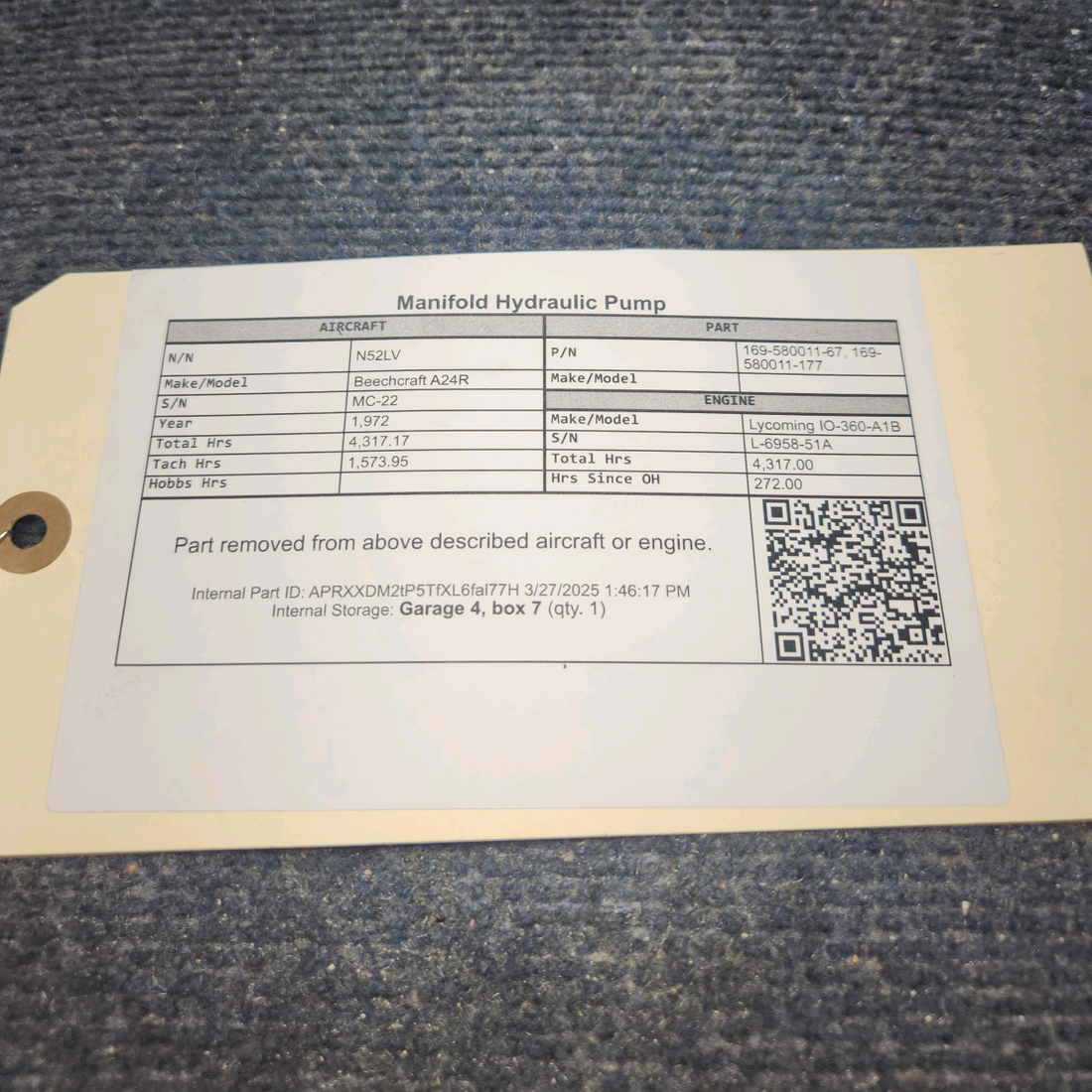 Used aircraft parts for sale, 169-580011-67 Beechcraft A24R Manifold Hydraulic Pump