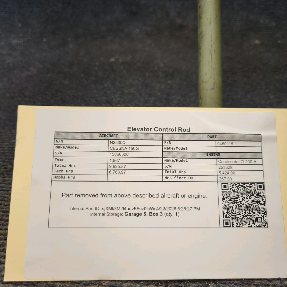Used aircraft parts for sale, 0460116-1 cessna 150G Elevator Control Rod