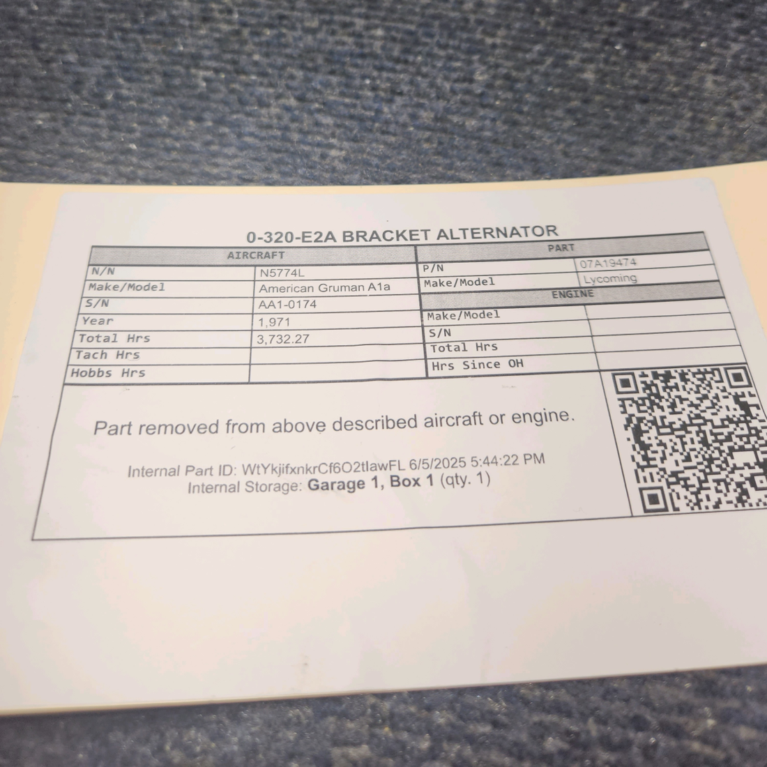 Used aircraft parts for sale, 07A19474 Lycoming 0-320-E2A American Gruman A1A BRACKET ALTERNATOR