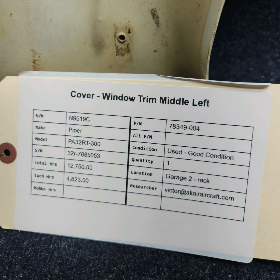 Used aircraft parts for sale, 78349-004 Piper PA32RT-300 COVER - WINDOW TRIM MIDDLE LEFT