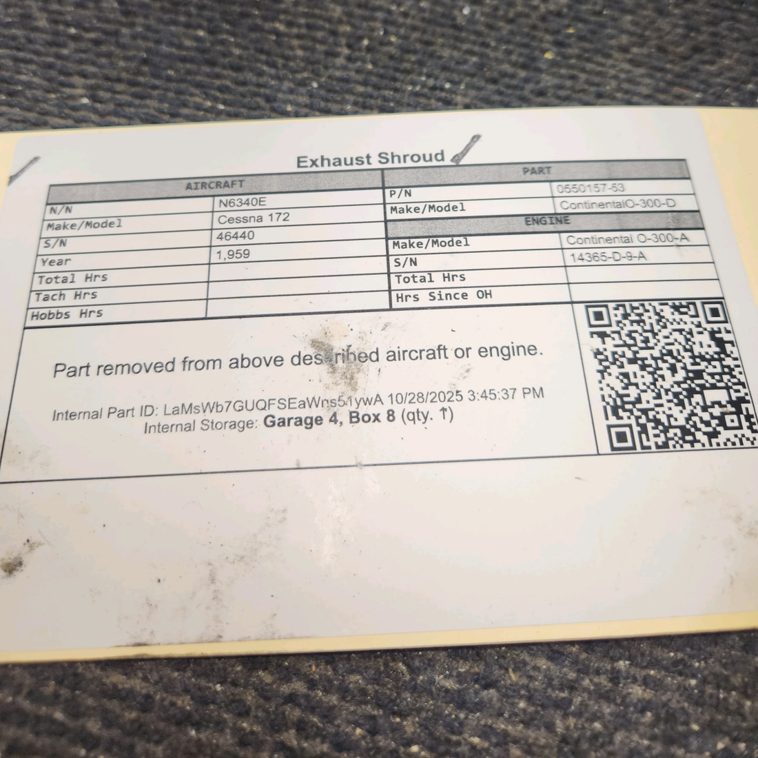 Used aircraft parts for sale, 0550157-53 Continental O-300-D Cessna 172 Exhaust Shroud