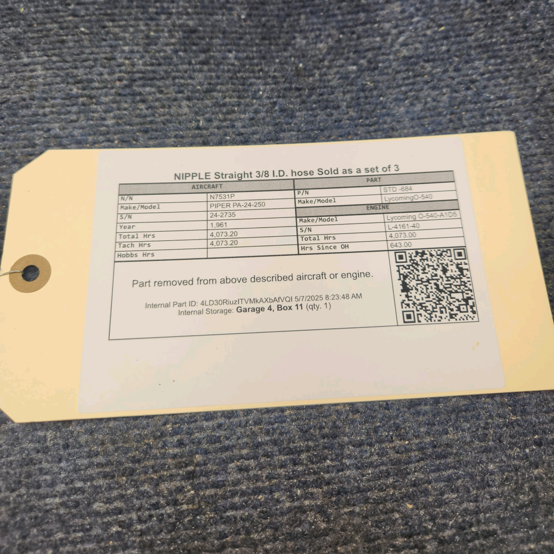Used aircraft parts for sale, STD -684 Lycoming O-540 PIPER PA-24-250 NIPPLE Straight 3/8 I.D. hose Sold as a set of 3