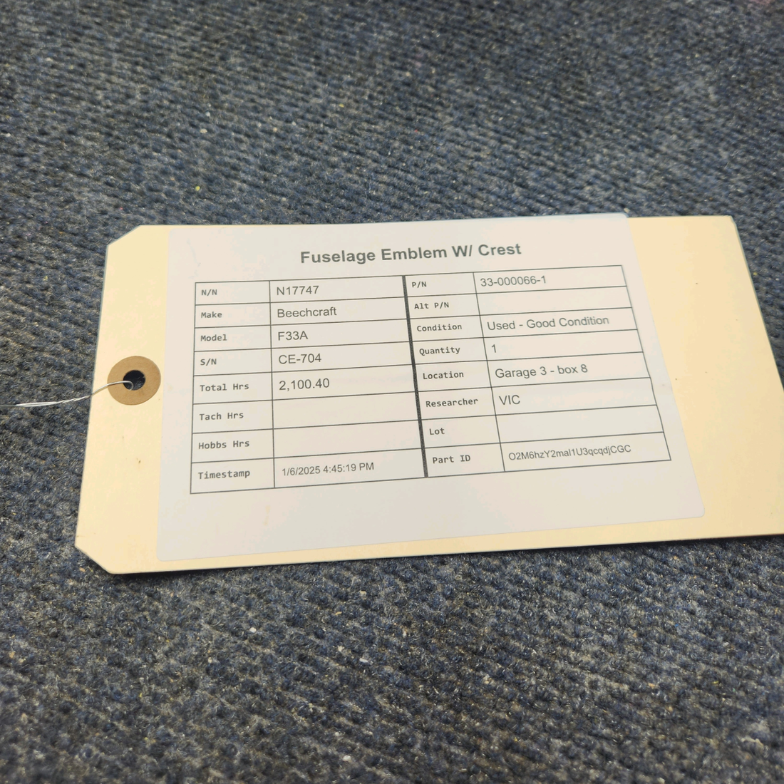 Used aircraft parts for sale, 33-000066-1 Beechcraft F33A FUSELAGE EMBLEM W/ CREST