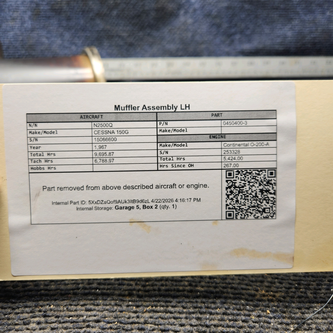 Used aircraft parts for sale, 0450400-3 cessna 150G Muffler Assembly - LH