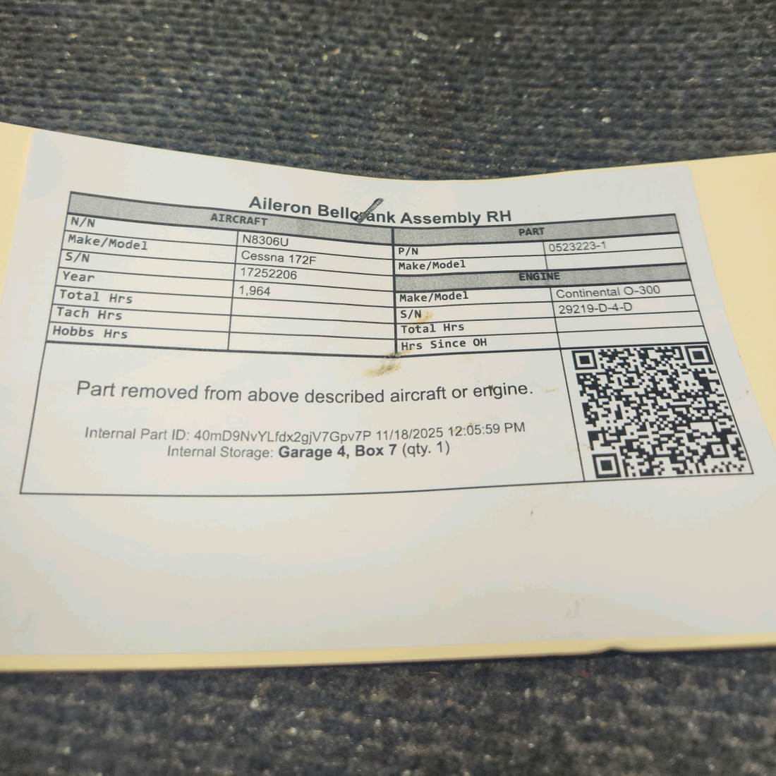 Used aircraft parts for sale, 0523223-1 Cessna 172F Aileron Bellcrank Assembly - RH