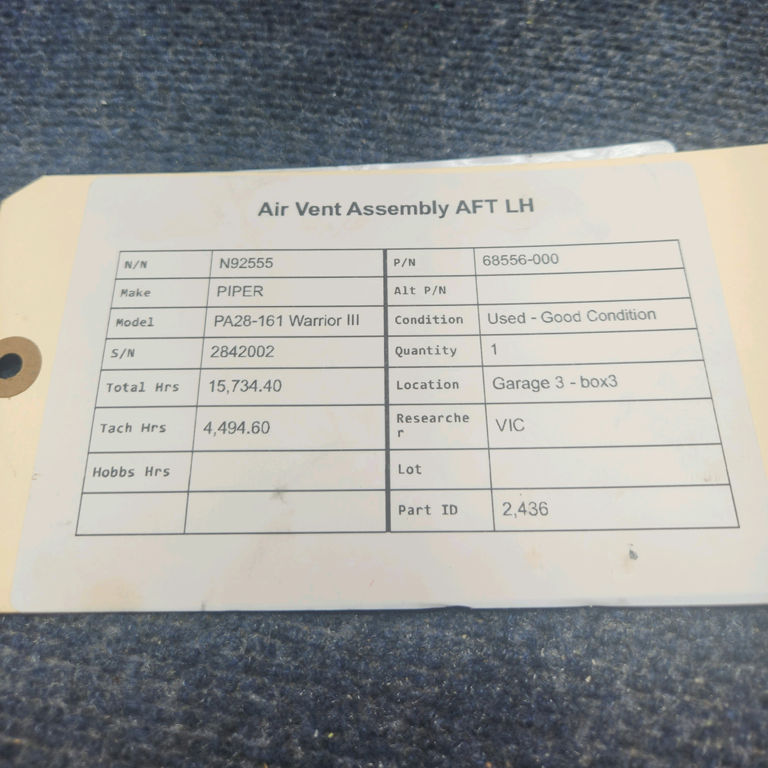 Used aircraft parts for sale, 68556-000 PIPER PA28-161 Warrior III AIR VENT ASSEMBLY AFT LH