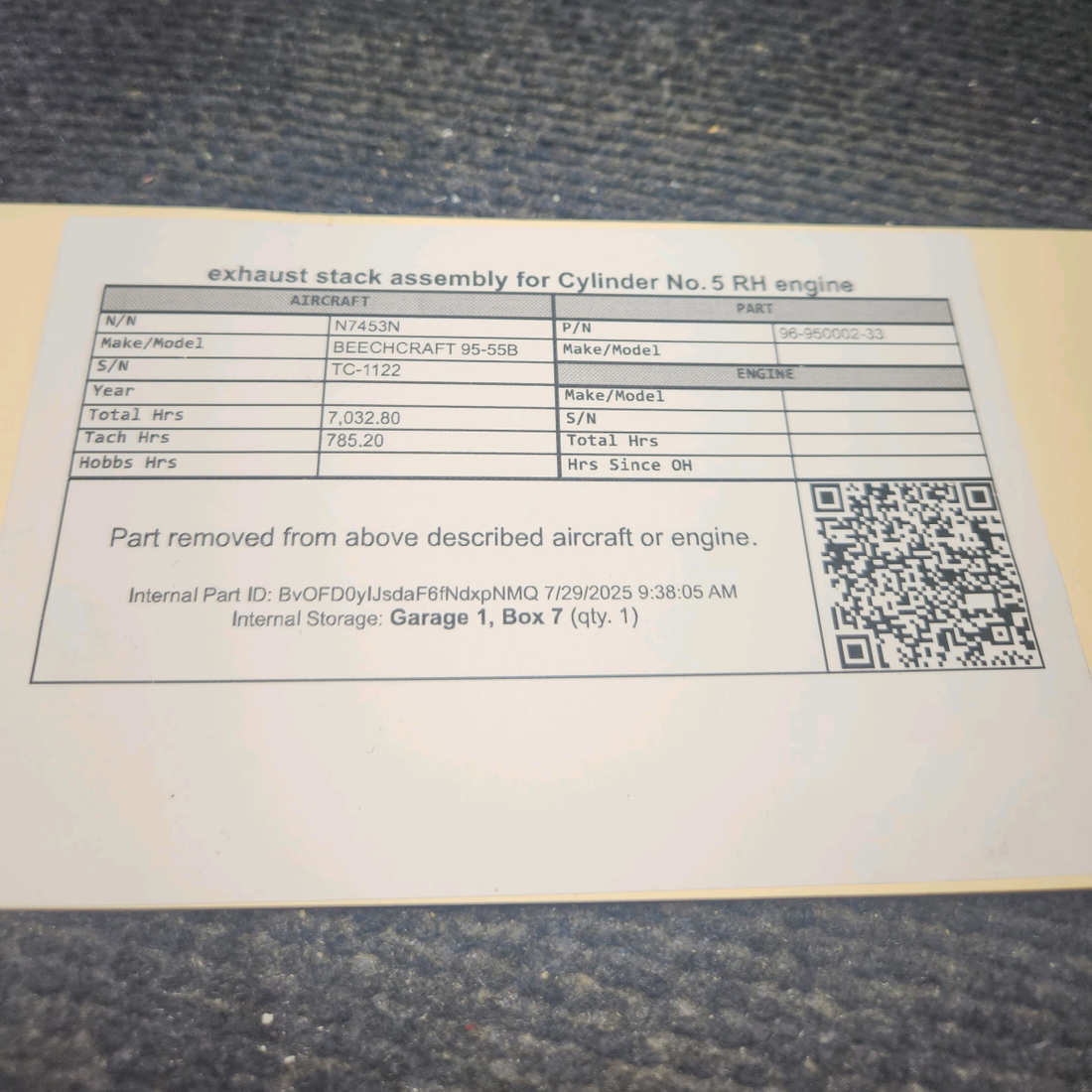 Used aircraft parts for sale, 96-950002-33 BEECHCRAFT 95-55B Exhaust Stack Assembly – Cylinder #5, RH Engine