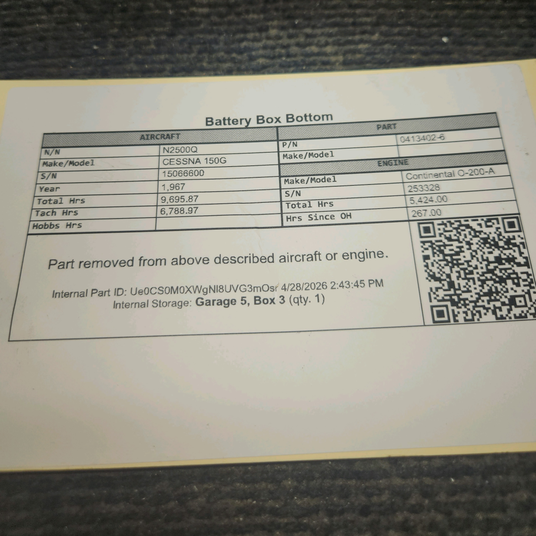 Used aircraft parts for sale, 0413402-6 cessna 150G Battery Box Bottom