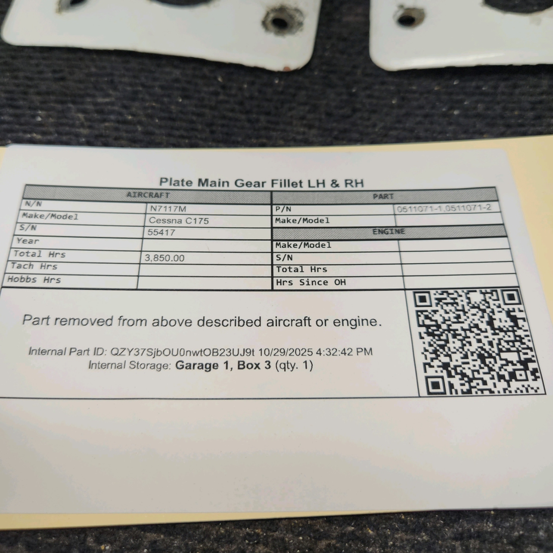 Used aircraft parts for sale, 0511071-1, 0511071-2 Cessna C175 Plate Main Gear Fillet - LH & RH