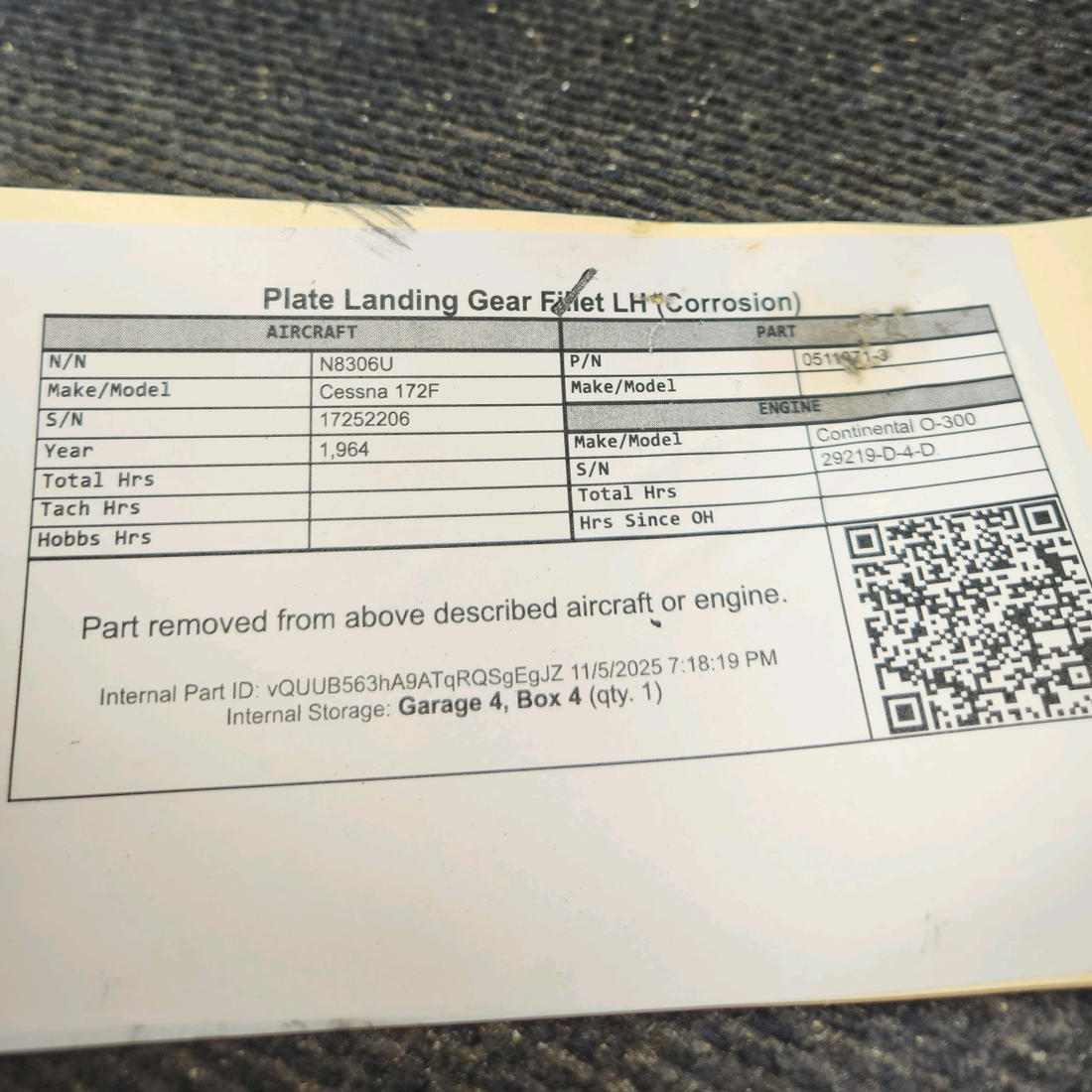 Used aircraft parts for sale, 0511071-3 Cessna 172F Plate Landing Gear Fillet - LH (Corrosion)