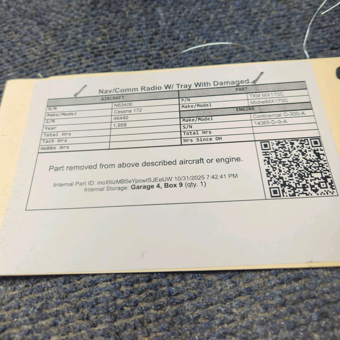 Used aircraft parts for sale, TKM MX170C Michel MX170C Cessna 172 Nav/Comm Radio W/ Tray